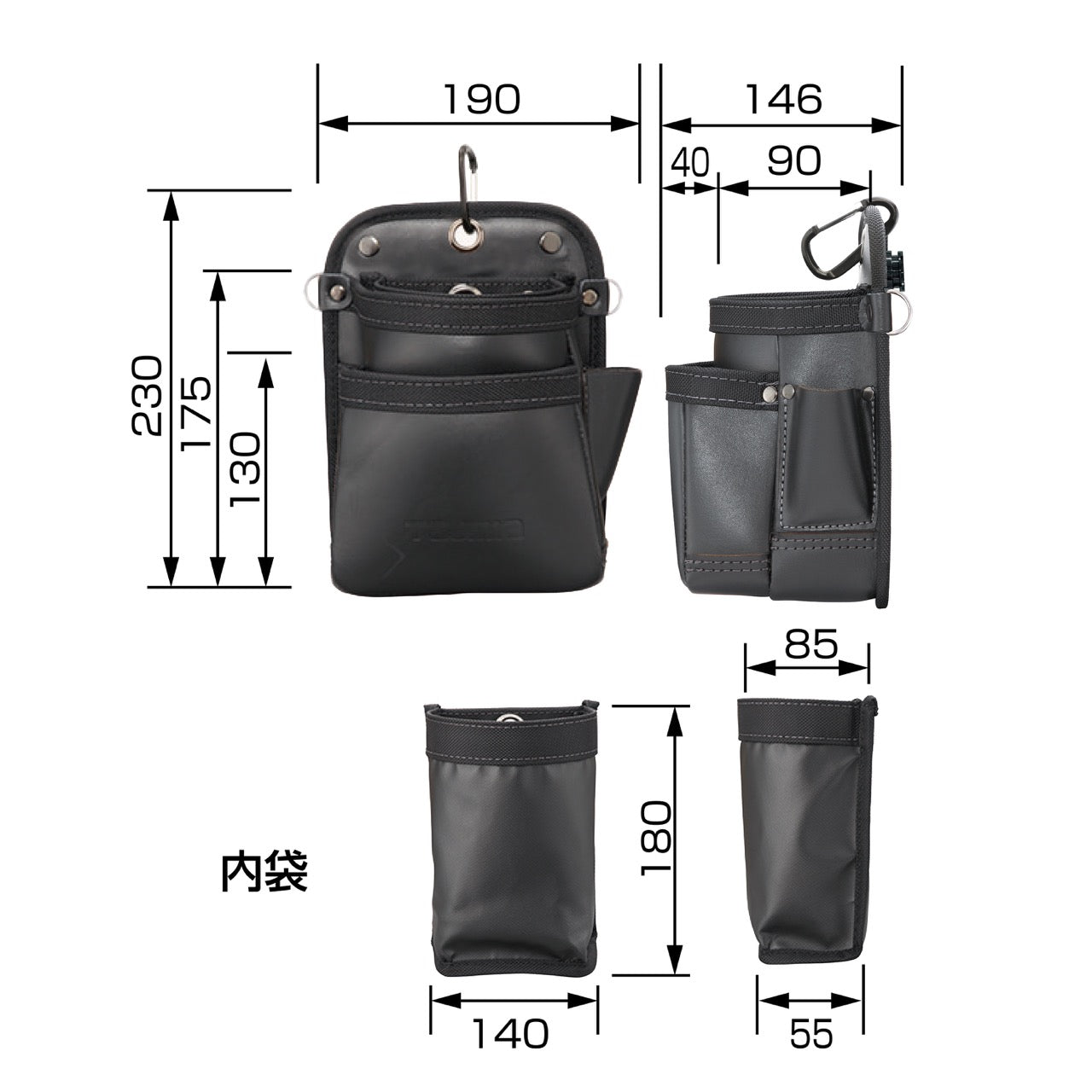 タジマ 本革 着脱式腰袋 K 2段小 ツインフック SFKBK-2S2H 幅広い職人さんに適したスタンダード形状の腰袋